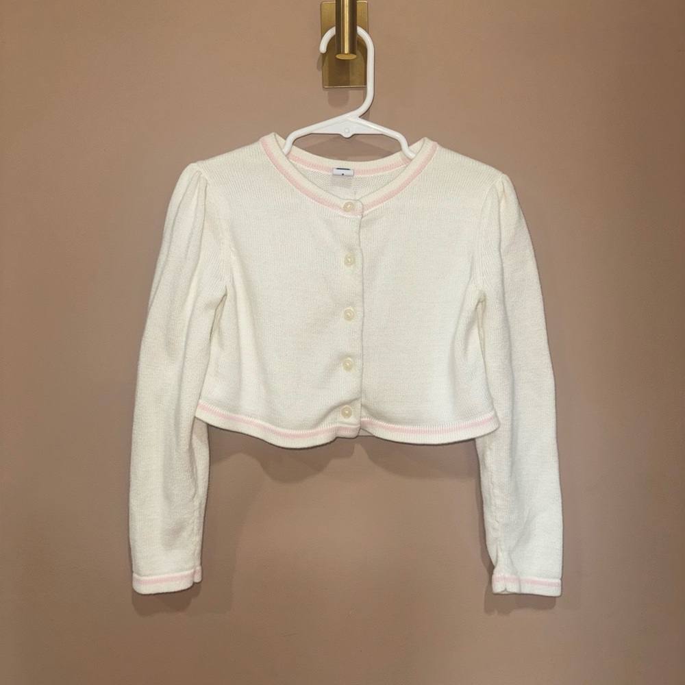 Janie and Jack 100% cotton Cream Knit Cardigan with Pink Trim